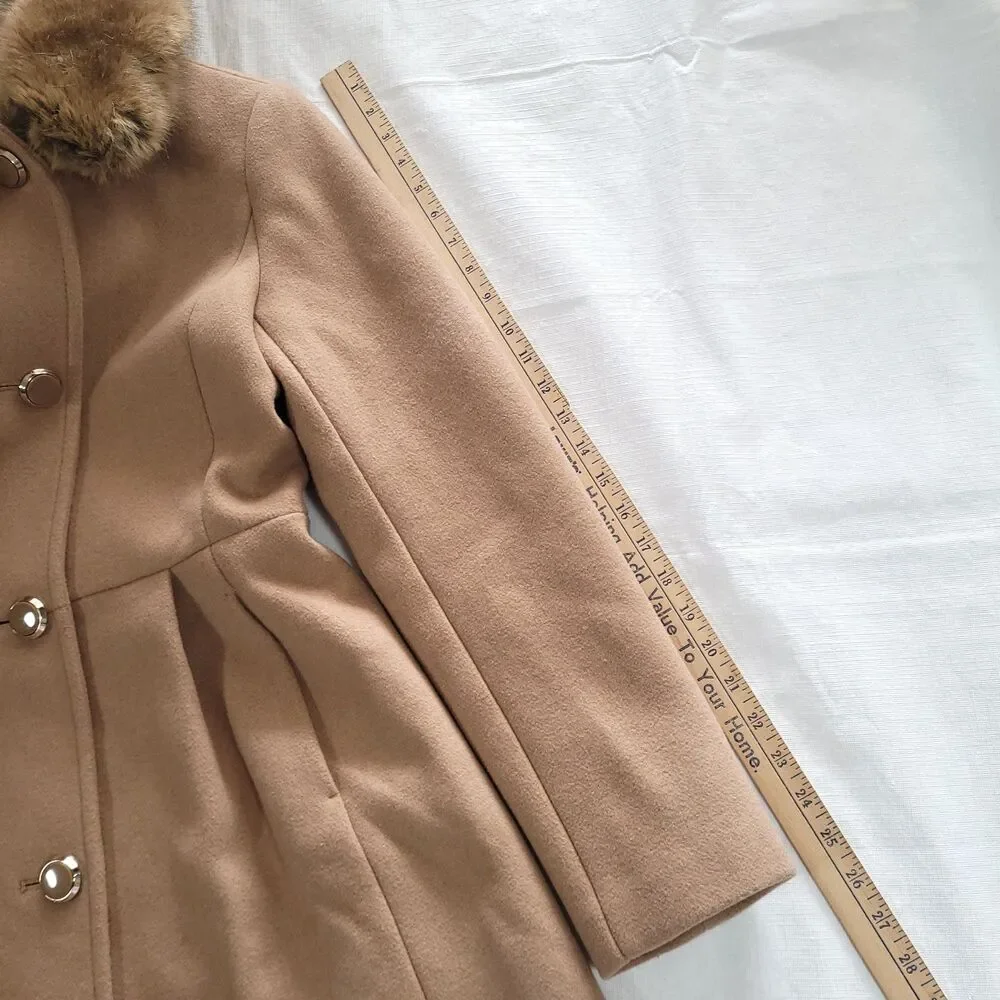 Faux Fur Wool Pea coat Kate Spade‎ XS Tan Pink Satin Lined Preppy mod chic